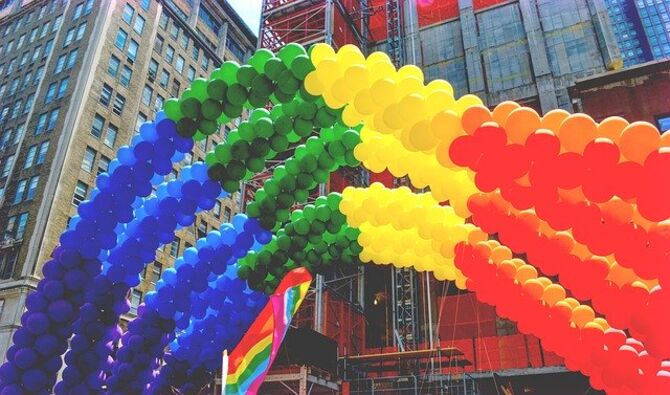 NY Pride balloons outside office buildings